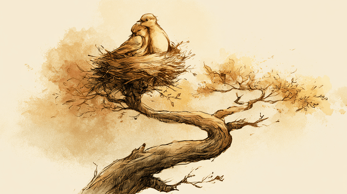 An illustration of two birds nested together on a branch